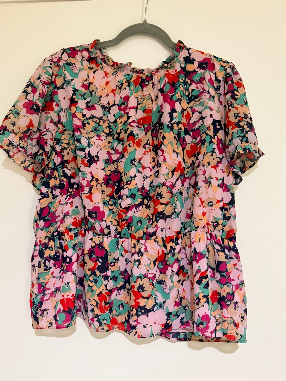 J. Crew Pink Multi Floral Short-Sleeve Peplum Blouse